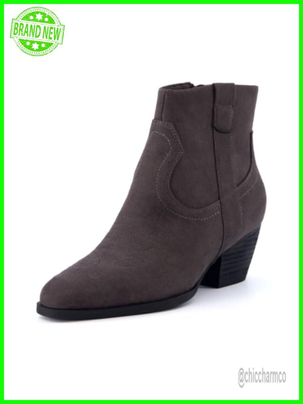 Faux Leather Western Ankle Boots Pointed Toe Block Heel Side Zip